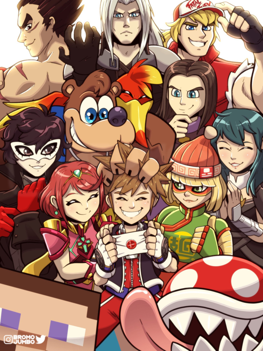 amamiya_ren, armor, banjo-kazooie, banjo_(banjo-kazooie), baseball_cap, black_hair, block, blonde_hair