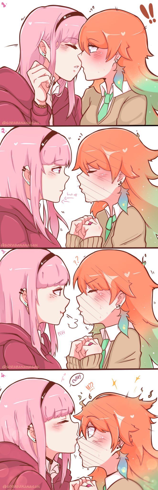 !?, 2girls, ?, ??, blush, closed_eyes, commentary, ear_piercing