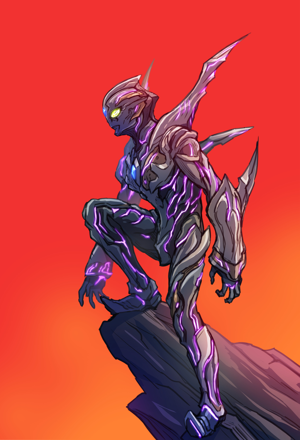 1boy, alien, black_bodysuit, bodysuit, color_timer, fingernails, gauntlets, glowing, glowing_eyes, glowing_lines, grey_bodysuit, highres, kuroda_asaki, long_fingernails, no_humans, no_pupils, shoulder_spikes, spikes, tokusatsu, trigger_dark, ultra_series, ultraman_trigger, ultraman_trigger_(series)
