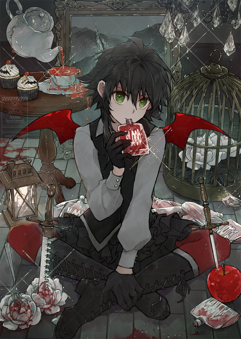 1girl, apple, bat_wings, birdcage, black_gloves, black_hair, black_skirt, black_vest, blood, blood_bag, boots, cage, collared_shirt, cross-laced_footwear, cupcake, dress_shirt, drinking, drinking_blood, flower, food, frilled_skirt, frills, fruit, gloves, gothic, green_eyes, hair_between_eyes, halloween, indoors, knee_boots, knife, lace-up_boots, lantern, long_sleeves, looking_at_viewer, medium_hair, on_floor, original, painting_(medium), red_legwear, red_wings, rose, scenery, shiromine_kana, shirt, sitting, skirt, solo, table, tile_floor, tiles, traditional_media, vampire, vest, white_flower, white_rose, white_shirt, wings