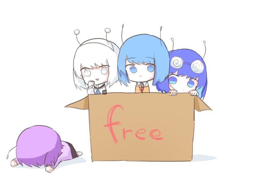 4girls, :<, :3, andromedako, antennae, bangs, black_skirt, blue_eyes