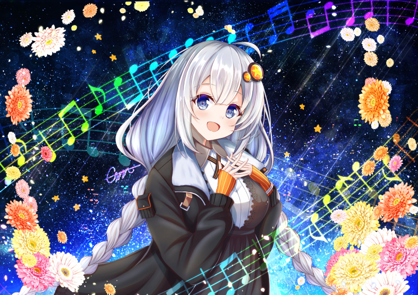 1girl, absurdres, ahoge, beamed_eighth_notes, beamed_sixteenth_notes, black_coat, black_dress, blue_eyes, bomber_jacket, bracelet, braid, breasts, coat, commentary, dress, eighth_note, elbow_gloves, emn, fingerless_gloves, flower, fur-trimmed_coat, fur_trim, gloves, hair_ornament, hand_on_own_chest, highres, interlocked_fingers, jacket, jewelry, kizuna_akari, light_blush, long_hair, looking_at_viewer, medium_breasts, musical_note, open_mouth, orange_gloves, pink_flower, quarter_note, rainbow, red_flower, silver_hair, smile, solo, space, staff_(music), star_(sky), star_(symbol), star_print, twin_braids, upper_body, very_long_hair, vocaloid, voiceroid, white_flower, yellow_flower