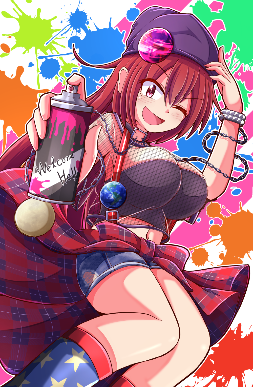 1girl, alternate_costume, aospanking, black_shirt, breasts, hecatia_lapislazuli, highres, large_breasts