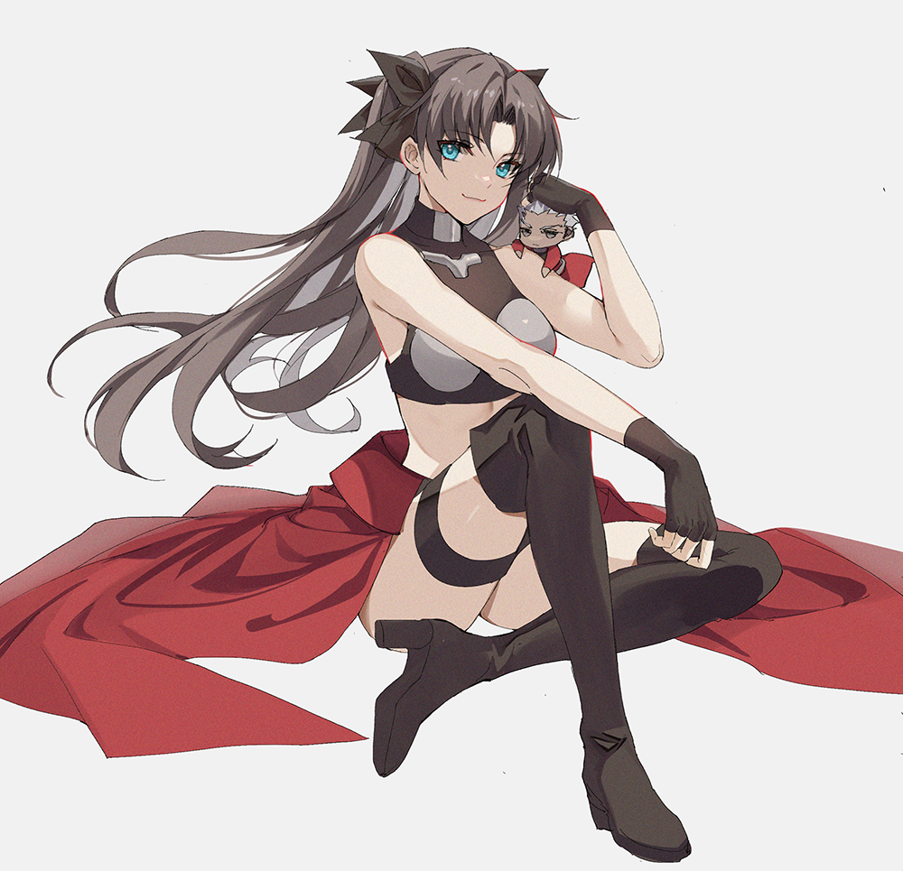 1boy, 1girl, archer_(fate), archer_(fate)_(cosplay), bangs, bare_shoulders, black_footwear, black_gloves, blue_eyes, boots, breasts, brown_hair, cape, chibi, cosplay, fate/stay_night, fate_(series), fingerless_gloves, gloves, kernel_killer, looking_at_viewer, medium_breasts, red_cape, short_hair, sitting, smile, thigh-highs, thigh_boots, tohsaka_rin, two_side_up, waist_cape, white_hair