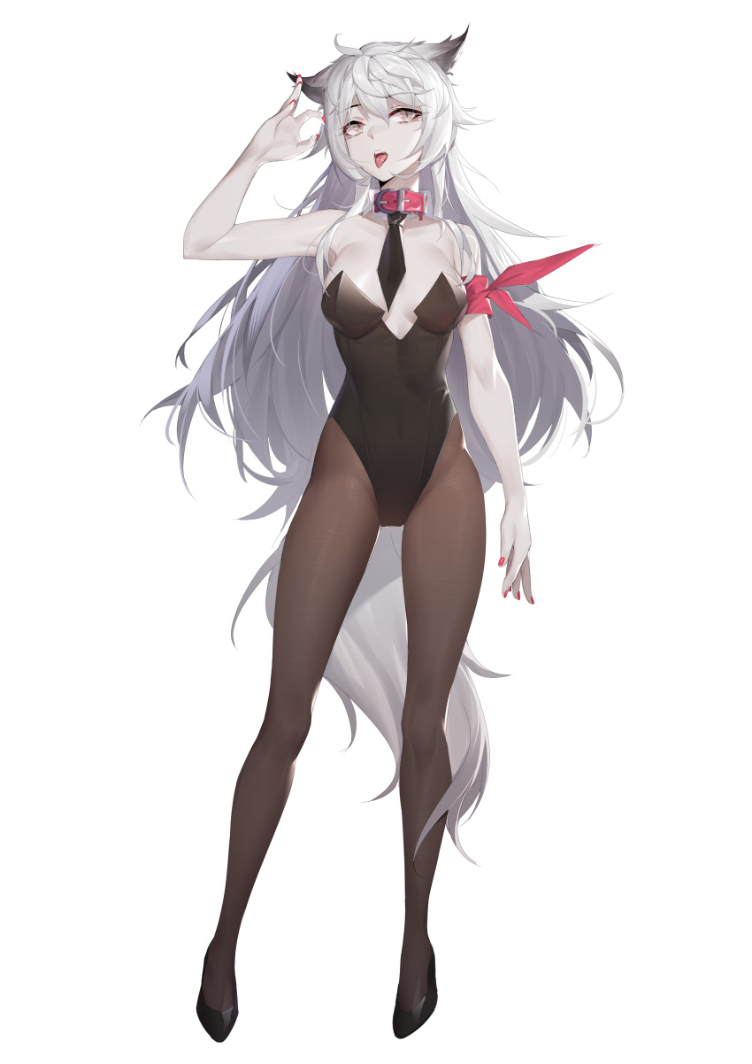 1girl, absurdres, arknights, arm_up, armband, belt, belt_collar, between_breasts, black_leotard, breasts, chinese_commentary, collar, collared_shirt, detached_collar, eyebrows_visible_through_hair, full_body, grey_eyes, hair_between_eyes, hand_up, high_heels, highres, lappland_(arknights), leotard, long_hair, looking_away, necktie, newflame, painting, pantyhose, red_nails, saliva, shirt, sidelocks, simple_background, slit_pupils, solo, standing, strapless, strapless_leotard, tail, teeth, tongue, tongue_out, upper_teeth, white_background, white_hair, wolf, wolf_girl, wolf_tail