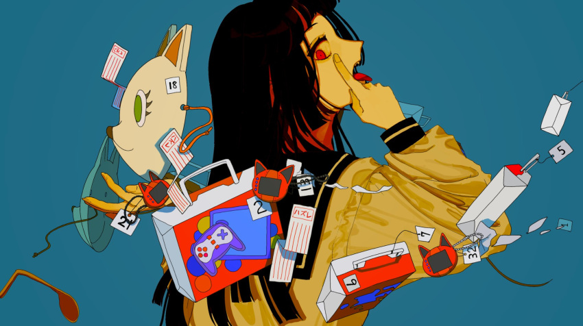 1girl, akanbe, bent_spoon, black_hair, blue_background, box, commentary_request, controller, from_side, highres, long_hair, long_sleeves, mask, mask_removed, open_mouth, original, paper, red_eyes, sailor_collar, sideways_glance, simple_background, solo, spoon, suikaaisu, tamagotchi, tongue, tongue_out, upper_body