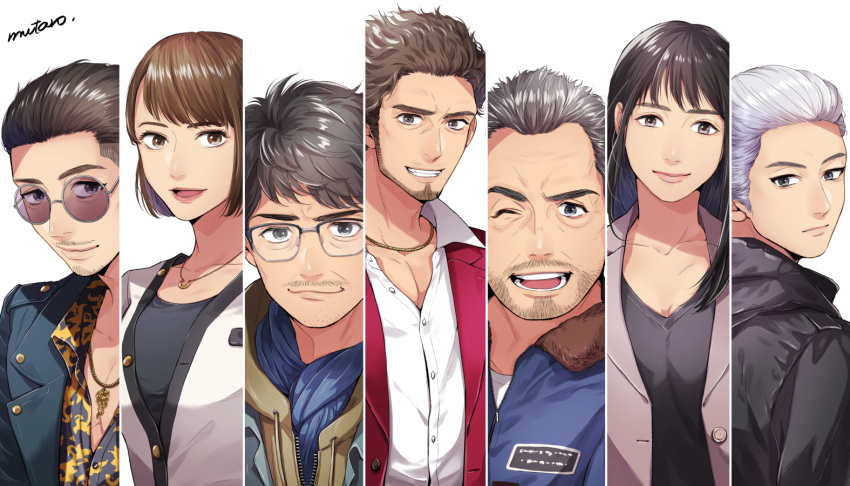 2girls, 5boys, adachi_kouichi, bangs, beard, black_eyes, black_hair, black_jacket