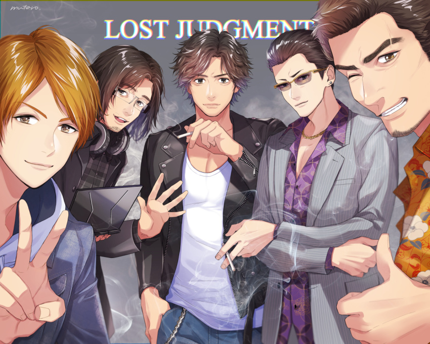 5boys, bangs, black_eyes, black_hair, black_jacket, black_shirt, blue_pants, brown_eyes, cigarette, closed_mouth, collared_shirt, computer, copyright_name, cowboy_shot, ear_piercing, eyebrow_cut, facial_hair, glasses, goatee, grey_background, grey_jacket, grin, hair_slicked_back, hand_in_pocket, hand_up, headphones, headphones_around_neck, higashi_tooru, holding, holding_cigarette, holding_laptop, jacket, jewelry, judge_eyes, kaito_masaharu, laptop, long_sleeves, looking_at_viewer, lost_judgment, male_focus, multiple_boys, mutarou_(mu), necklace, one_eye_closed, orange_hair, orange_shirt, pants, piercing, pinstripe_pattern, purple_shirt, shirt, short_hair, smile, smoking, standing, striped, sugiura_fumiya, sunglasses, thumbs_up, tsukumo_makoto, v, white_shirt, yagami_takayuki
