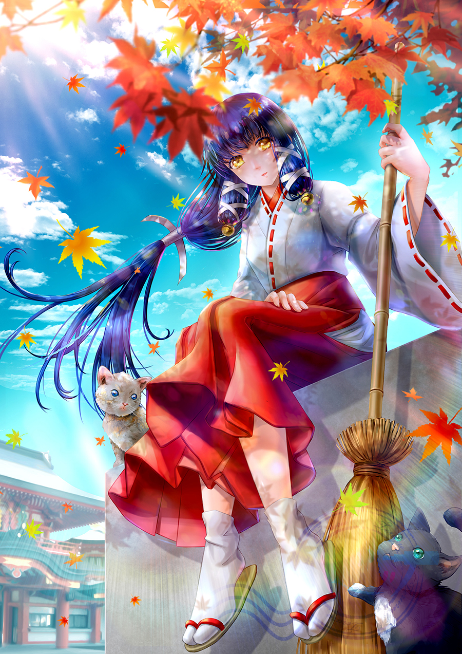 1girl, autumn, autumn_leaves, bangs, black_hair, blue_sky, blunt_bangs, broom, cat, clouds, day, highres, holding, holding_broom, japanese_clothes, leaf, long_hair, looking_at_viewer, lunaargent, maple_leaf, miko, original, red_skirt, sandals, shirt, shrine, sitting, skirt, sky, socks, tabi, white_legwear, white_shirt