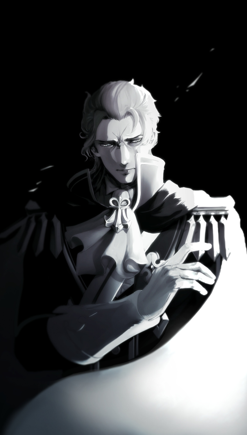 1boy, absurdres, ace_attorney, ascot, barok_van_zieks, cloak, closed_mouth, cowboy_shot, cross_scar, epaulettes, gloves, greyscale, hagoro_(856_kmt), highres, jacket, male_focus, monochrome, scar, scar_on_face, short_hair, simple_background, solo, standing, the_great_ace_attorney