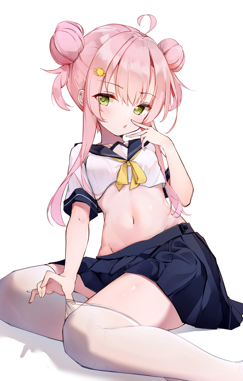 1girl, absurdres, ahoge, blue_skirt, breasts, crop_top, double_bun, green_eyes