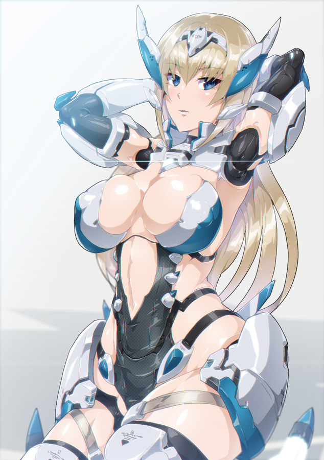 1girl, android, arms_behind_head, blonde_hair, blue_eyes, breasts, covered_nipples, di_allez_series