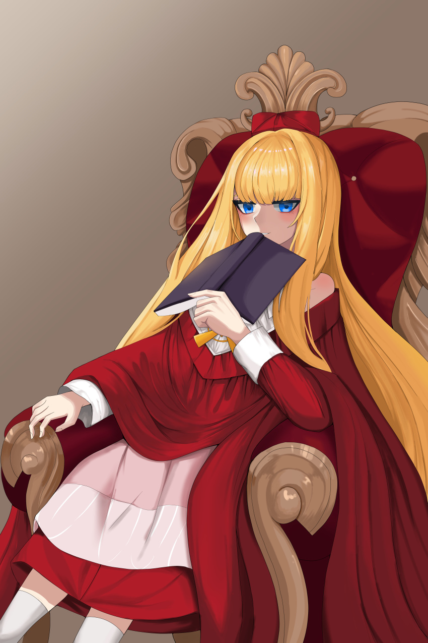 1girl, absurdres, bangs, biretta, blonde_hair, blue_eyes, blush, book