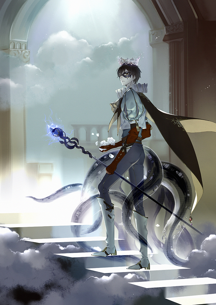 1boy, angel, arch, baton, bieshuohuaaiwo, black_hair, blue_pants, brown_eyes