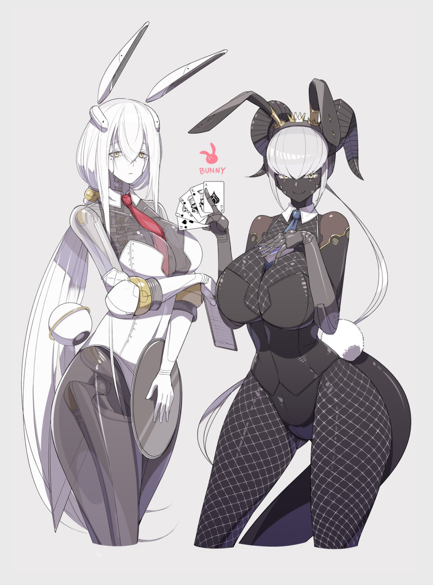 2girls, ace_of_spades, animal_ears, between_breasts, black_horns, black_leotard, black_skin, breasts, card, colored_skin, cowboy_shot, detached_collar, fake_animal_ears, fake_tail, fishnet_legwear, fishnets, highres, horns, jack_of_spades, king_of_spades, large_breasts, leotard, looking_at_viewer, multiple_girls, necktie, necktie_between_breasts, original, pale_skin, playboy_bunny, playing_card, poker, queen_of_spades, rabbit_ears, red_neckwear, royal_flush, skeleton, strapless, strapless_leotard, tail, translucent_skin, ub1mo, white_eyes, white_skin, wrist_cuffs