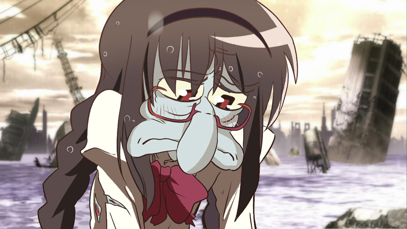 1boy, akemi_homura, akemi_homura_(cosplay), alternate_costume, bangs, big_nose, black_hairband, blue_skin