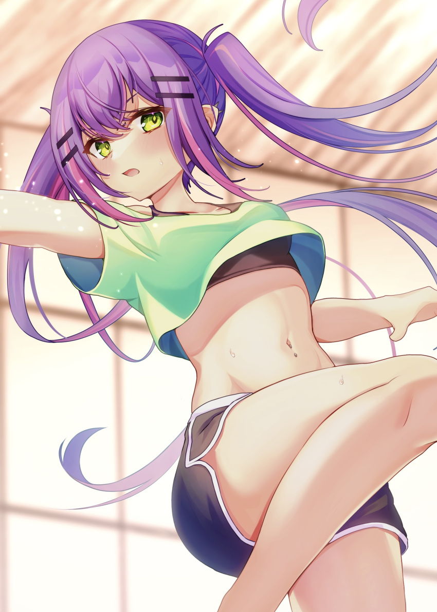 1girl, absurdres, anichika, black_shorts, black_sports_bra, blush, breasts, green_eyes, green_shirt, hair_ornament, hairclip, highres, hololive, leg_up, long_hair, looking_at_viewer, midriff, navel, open_mouth, outstretched_arm, purple_hair, shirt, shorts, small_breasts, solo, sports_bra, standing, standing_on_one_leg, thighs, tokoyami_towa, twintails, upshirt, virtual_youtuber