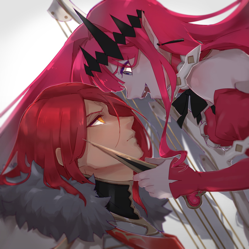 1boy, 1girl, absurdres, armor, bangs, bare_shoulders, black_headwear, black_neckwear