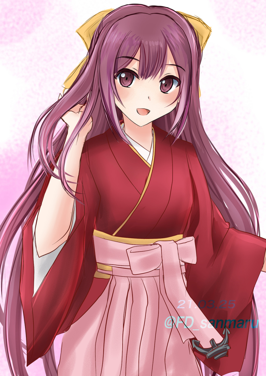 1girl, bow, commentary_request, dated, fd_(fd_sanmaru), gradient_hair, hair_bow, hakama, highres, japanese_clothes, kamikaze_(kancolle), kantai_collection, kimono, long_hair, meiji_schoolgirl_uniform, multicolored_hair, pink_hakama, purple_hair, red_kimono, smile, solo, twitter_username, violet_eyes, yellow_bow