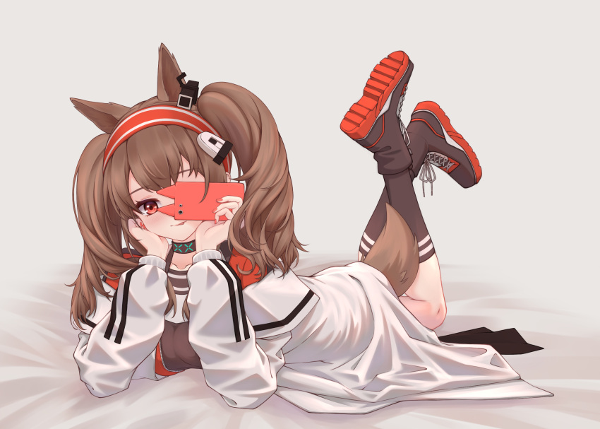 :p, angelina_(arknights), animal_ears, arknights, bed_sheet, black_collar, black_footwear, black_legwear