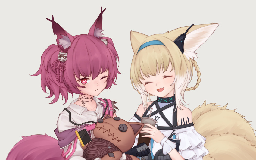 2girls, absurdres, animal_ear_fluff, animal_ears, arknights, bare_shoulders, black_ribbon, blonde_hair