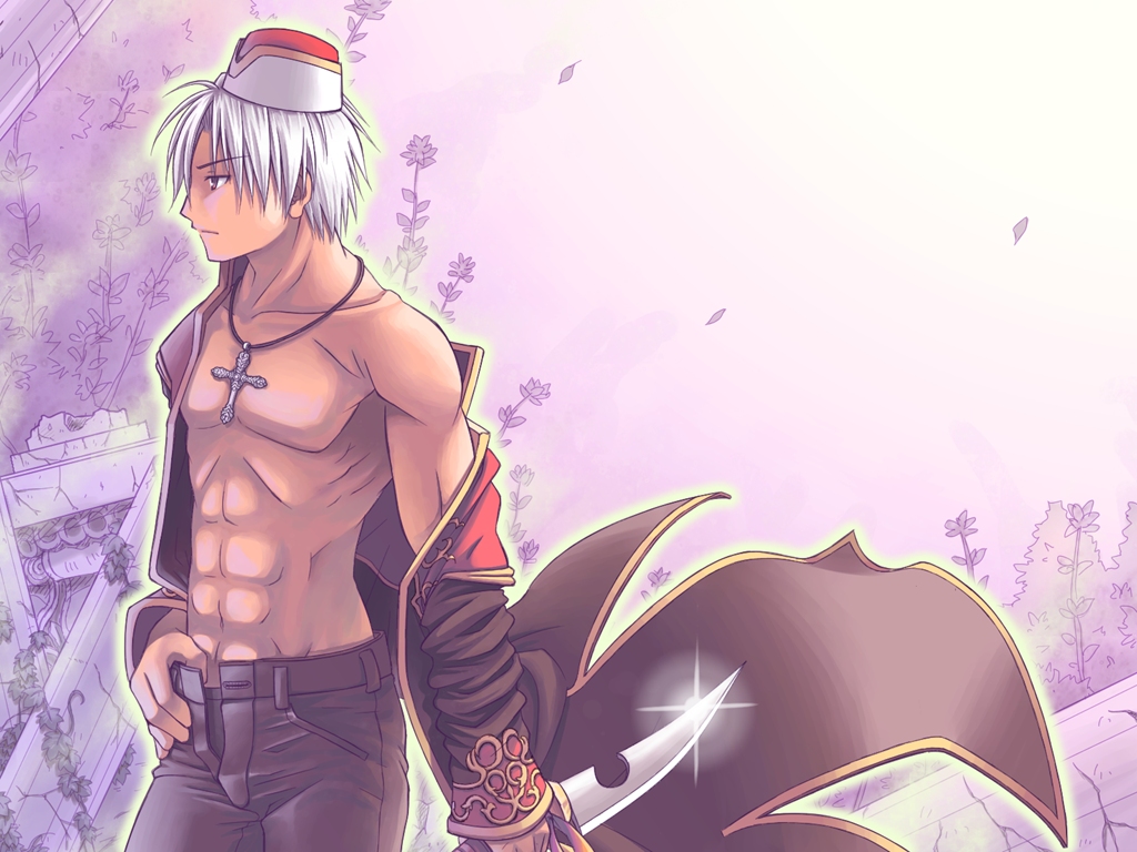 1boy, abs, bangs, belt, biretta, black_coat, brown_belt, brown_pants