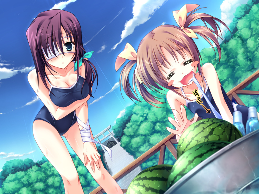 cleavage, clouds, eyepatch, food, game_cg, green_eyes, harukazedori_ni_tomarigi_wo_2nd_story, okina_korun