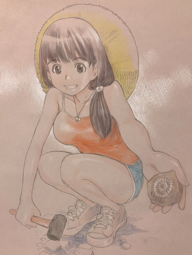 1girl, bare_arms, bare_legs, fossil, full_body, hammer, hat, holding, holding_hammer, long_hair, looking_at_viewer, low_twintails, original, sekiguchi_taro, shoes, short_shorts, shorts, smile, sneakers, solo, squatting, sun_hat, tank_top, teeth, traditional_media, twintails