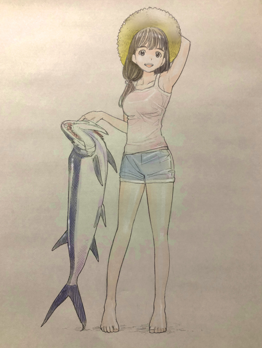 1girl, absurdres, animal, arm_behind_head, arm_up, armpits, bare_legs, barefoot, commentary_request, extinct, fish, full_body, hat, highres, holding, holding_animal, holding_fish, looking_at_viewer, low_twintails, open_mouth, original, sekiguchi_taro, short_shorts, shorts, smile, standing, sun_hat, tank_top, traditional_media, twintails, xiphactinus
