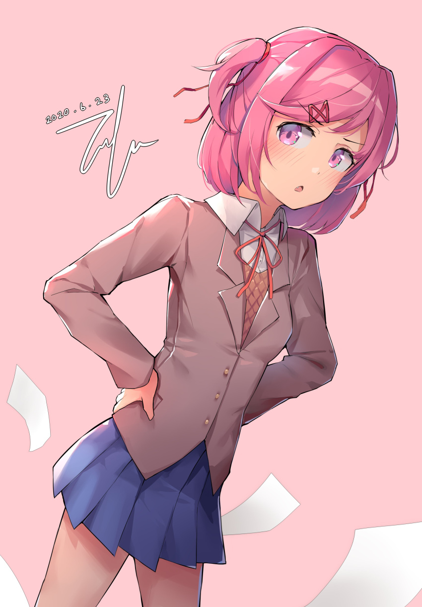 1girl, absurdres, arms_behind_back, blue_skirt, blush, cellphone, dargo, doki_doki_literature_club