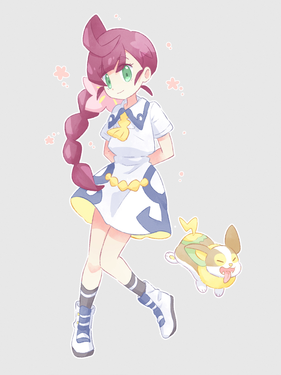 1girl, akasaka_(qv92612), arms_behind_back, ascot, bangs, boots, braid, braided_ponytail