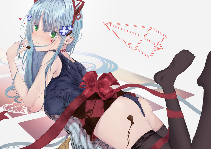 1girl, absurdres, animal_ears, artist_name, ass, bangs, black_legwear, blue_hair