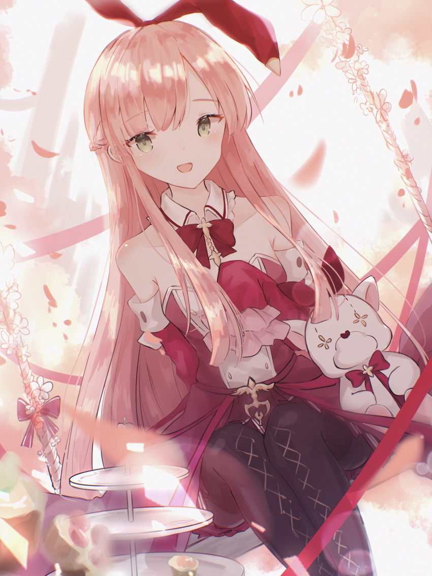 1girl, absurdres, arcaea, arm_behind_back, bare_shoulders, bow, bowtie, breasts