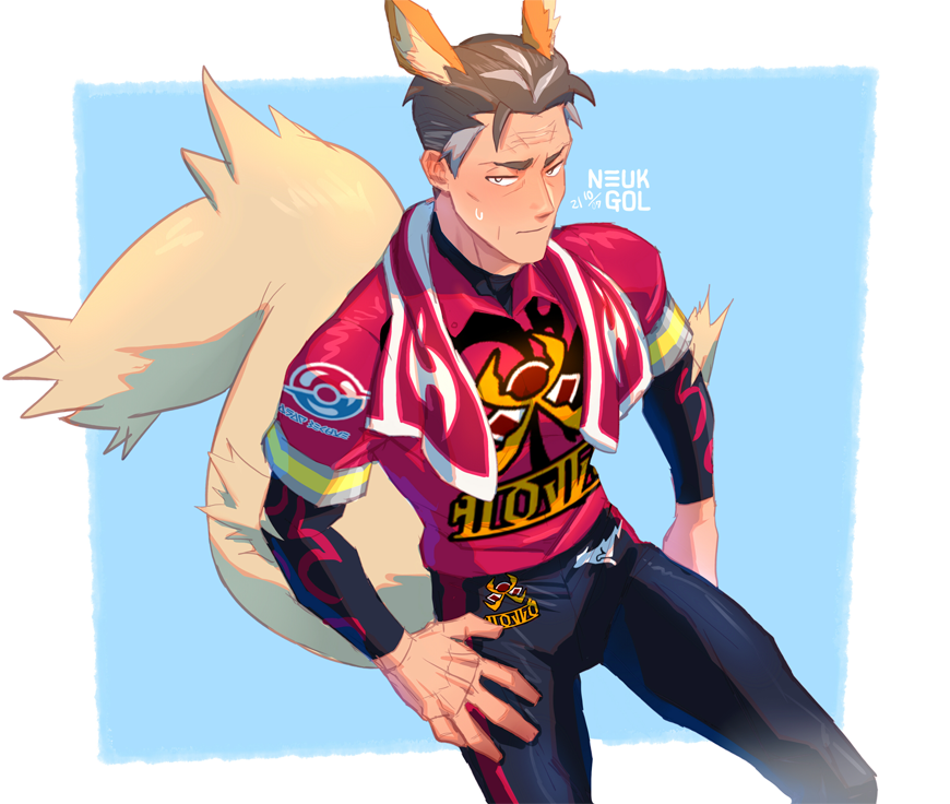 1boy, arcanine, black_eyes, black_pants, black_undershirt, closed_mouth, collared_shirt, commentary, grey_hair, kabu_(pokemon), male_focus, multicolored_hair, neukgol, pants, pokemon, pokemon_(game), pokemon_ears, pokemon_swsh, pokemon_tail, shirt, short_sleeves, solo, sweatdrop, tail, towel, towel_around_neck, two-tone_hair, undershirt, wrinkled_skin