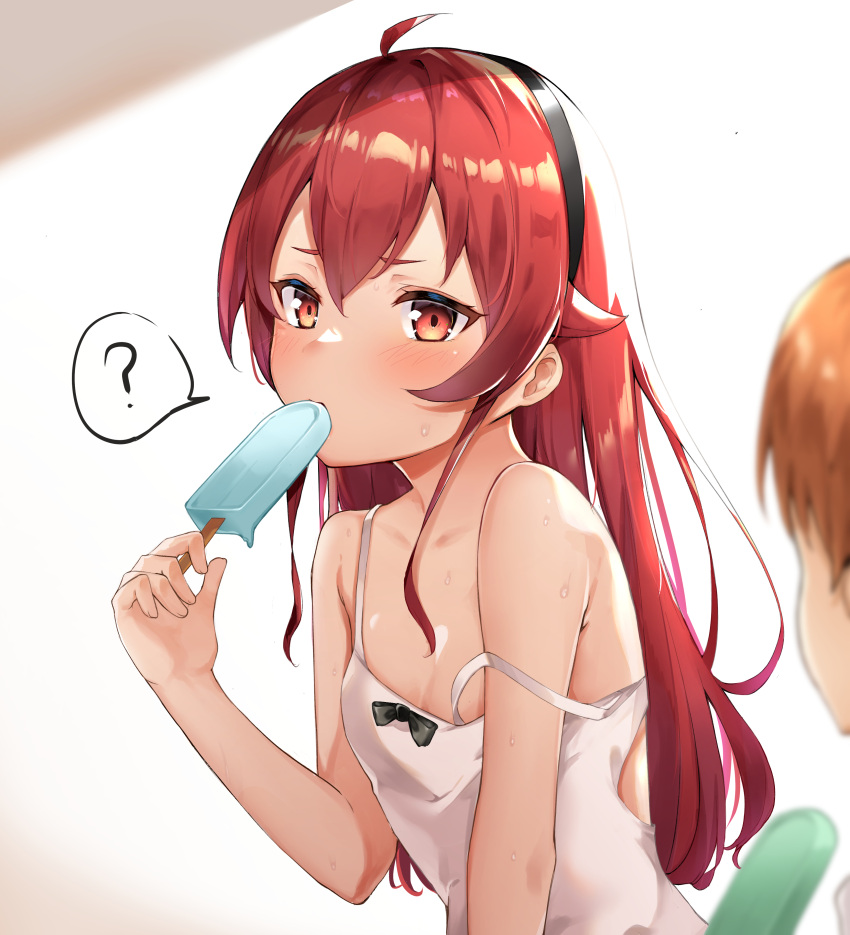 1boy, 1girl, ?, absurdres, ahoge, black_hairband, blush, brown_hair