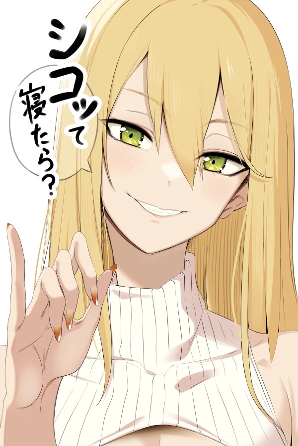 1girl, blonde_hair, blush, breasts, doko_tetora, eyebrows_visible_through_hair, fingernails, green_eyes