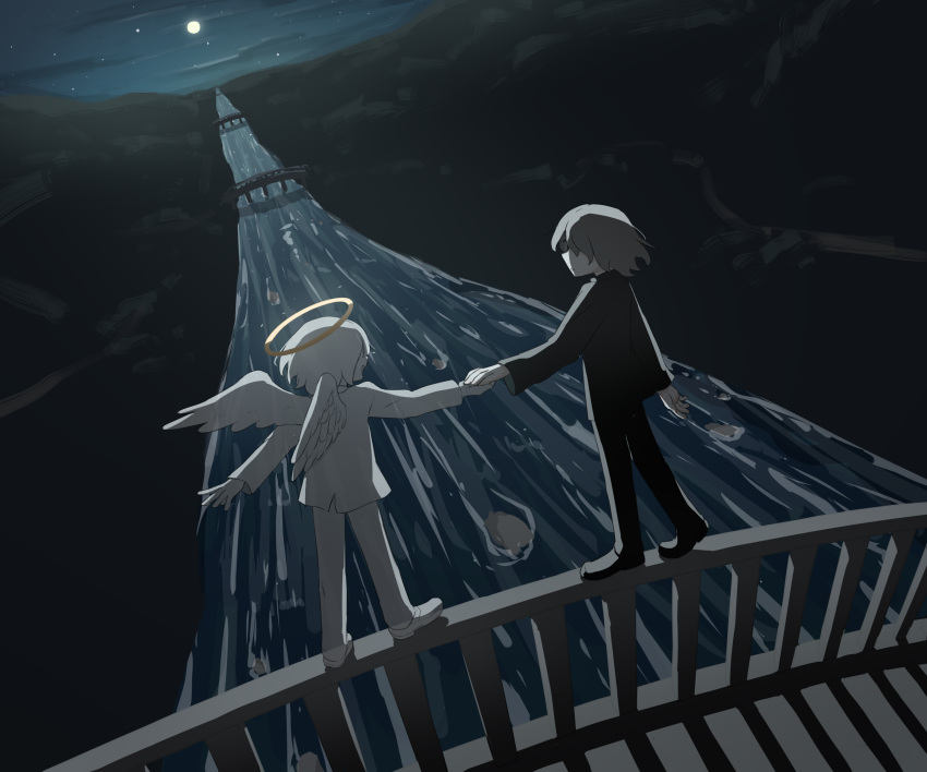 2boys, absurdres, angel, angel_wings, avogado6, black_pants, black_shirt, bridge