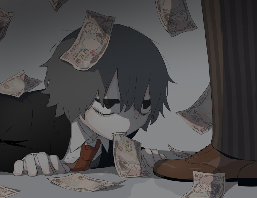 1boy, 1other, absurdres, avogado6, black_eyes, black_jacket, brown_footwear, clenched_teeth