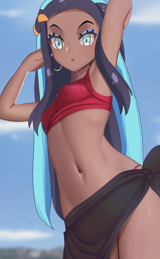 1girl, :o, aruman, bare_arms, bikini, black_hair, blue_eyes, blue_eyeshadow, blue_hair, blurry, blush, breasts, clouds, commentary, dark-skinned_female, dark_skin, day, earrings, eyelashes, eyeshadow, hoop_earrings, jewelry, long_hair, looking_at_viewer, makeup, midriff, multicolored_hair, navel, nessa_(pokemon), outdoors, pokemon, pokemon:_twilight_wings, red_bikini, sarong, shiny, shiny_skin, sky, solo, swimsuit, two-tone_hair