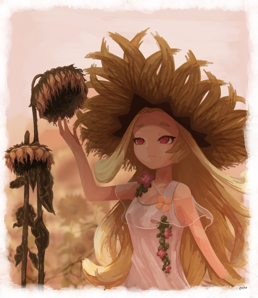 1girl, arm_up, artist_name, bare_shoulders, blonde_hair, border, breasts, brown_headwear
