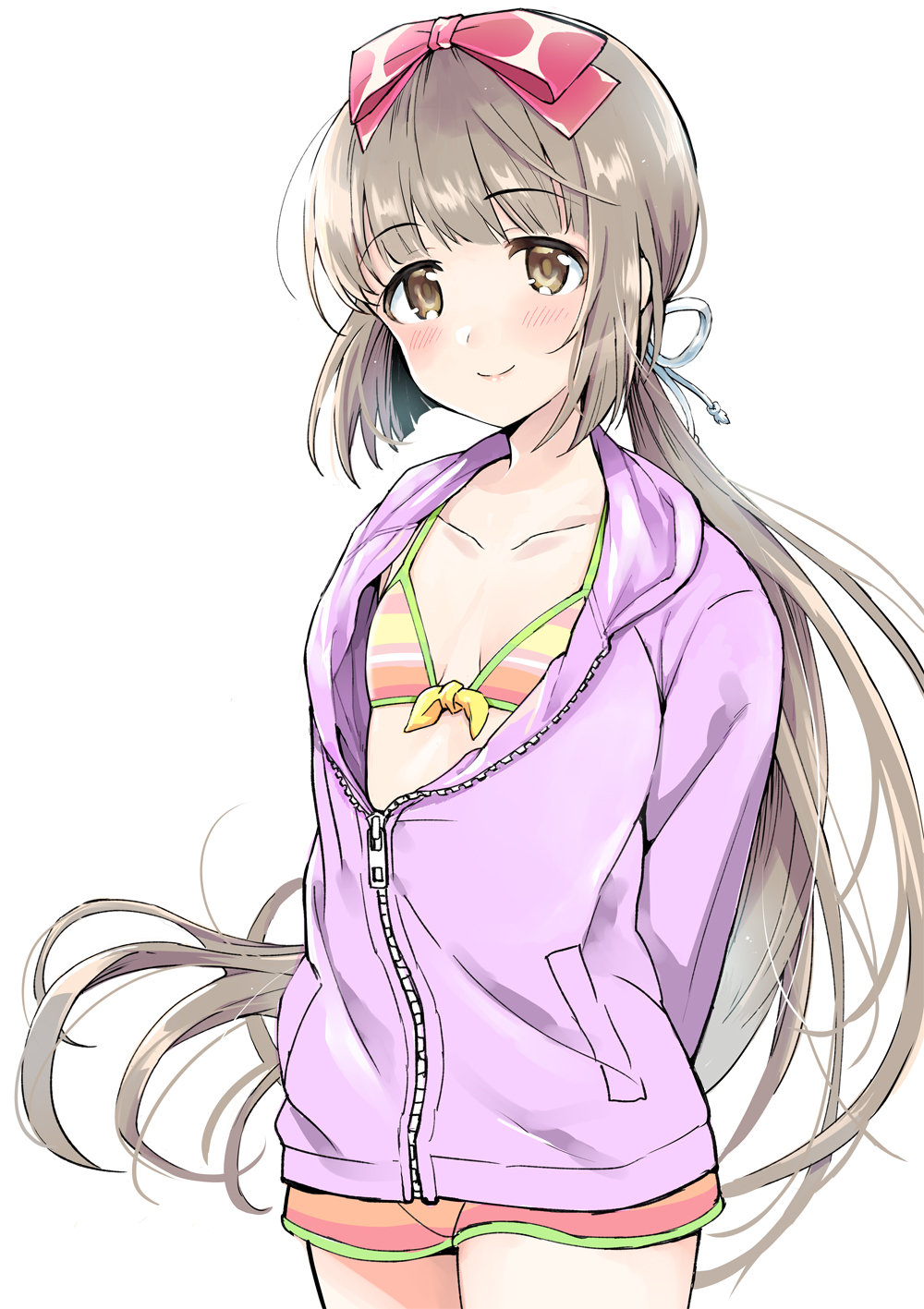 arms_behind_back, bikini, blush, bow, brown_eyes, collarbone, eyebrows_visible_through_hair, flat_chest, hair_ribbon, highres, hood, hoodie, idolmaster, idolmaster_cinderella_girls, light_brown_hair, long_hair, looking_at_viewer, low_ponytail, multicolored, multicolored_clothes, multicolored_swimsuit, purple_hoodie, red_bow, ribbon, shorts, sidelocks, simple_background, smile, solo, striped, striped_bikini, swimsuit, taiyou_marii, thighs, very_long_hair, white_background, yorita_yoshino