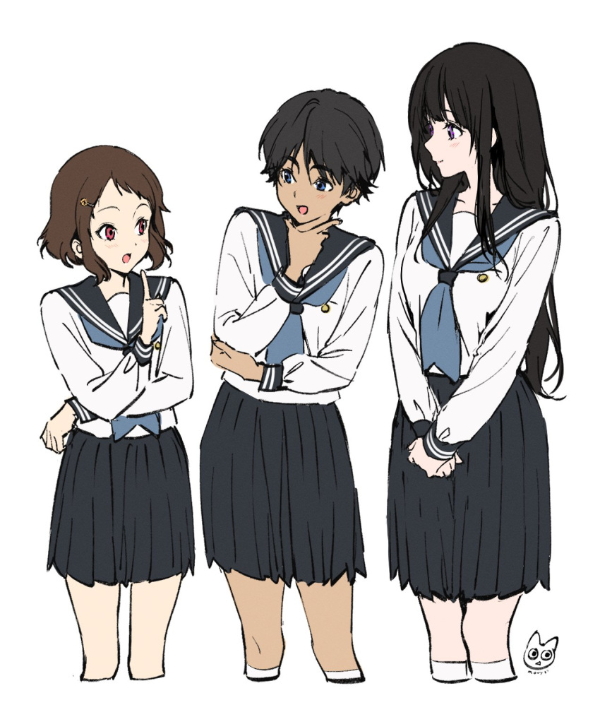 3girls, back_hair, bangs, black_hair, black_sailor_collar, blue_eyes, blush, brown_hair