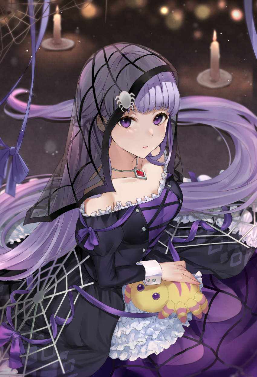 1girl, alternate_costume, bare_shoulders, black_dress, breasts, candle, closed_mouth, collarbone, commentary, dress, eyebrows_visible_through_hair, fire_emblem, fire_emblem:_the_binding_blade, fire_emblem_heroes, frilled_dress, frills, hair_ornament, halloween, halloween_costume, haru_(nakajou-28), highres, jewelry, juliet_sleeves, lolita_fashion, long_dress, long_hair, long_sleeves, looking_at_viewer, medium_breasts, multicolored, multicolored_clothes, necklace, official_alternate_costume, puffy_sleeves, purple_dress, purple_hair, see-through, silk, sitting, solo, sophia_(fire_emblem), spider_hair_ornament, spider_web, spider_web_print, strapless, strapless_dress, stuffed_animal, stuffed_spider, stuffed_toy, toy, two-tone_dress, veil, very_long_hair, violet_eyes