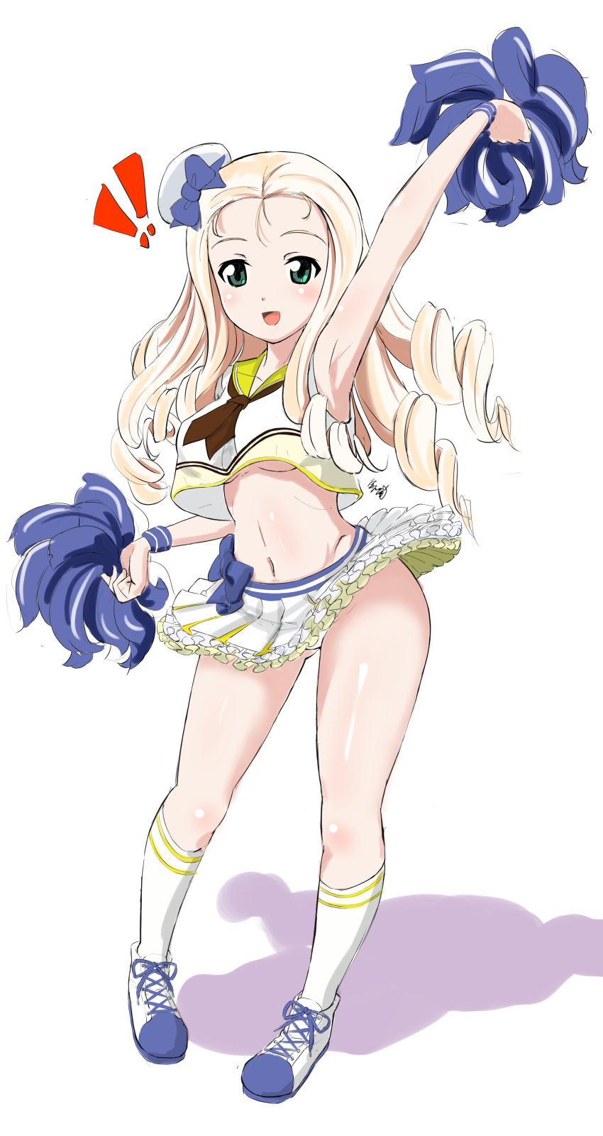 !, !!, 1girl, absurdres, arm_up, armpits, blonde_hair, blush, breasts, cheerleader, coco's, collarbone, drill_hair, frilled_skirt, frills, full_body, girls_und_panzer, green_eyes, highres, long_hair, marie_(girls_und_panzer), medium_breasts, midriff, miniskirt, nandemo_kanden, navel, open_mouth, panties, pom_pom_(cheerleading), shiny, shiny_hair, simple_background, skirt, smile, solo, under_boob, underwear, white_background, white_panties