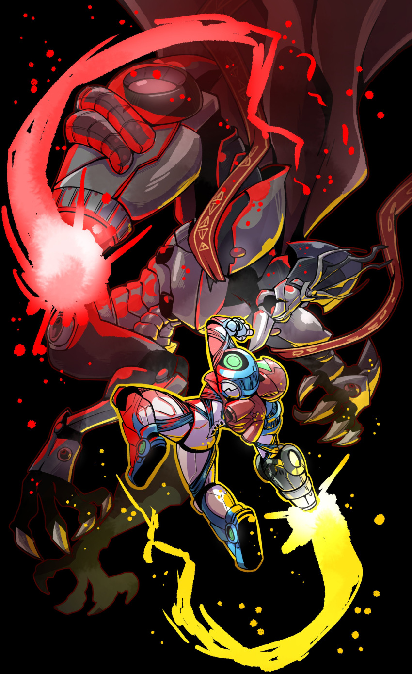 1boy, 1girl, absurdres, anaugi, arm_cannon, armor, cape, claws