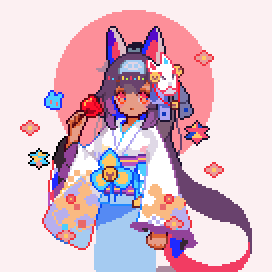 1girl, bangs, bell, blue_hairband, blue_ribbon, candy_apple, closed_mouth, commentary_request, dark-skinned_female, dark_skin, drac., floral_print, food, fox_mask, hair_ribbon, hairband, hand_up, headgear, holding, holding_food, japanese_clothes, jingle_bell, kimono, long_hair, long_sleeves, looking_at_viewer, lowres, mask, mask_on_head, nephtim_(world_flipper), official_alternate_costume, pink_background, pixel_art, purple_hair, red_eyes, ribbon, sash, sidelocks, simple_background, solo, standing, two-tone_background, very_long_hair, white_kimono, wide_sleeves, world_flipper