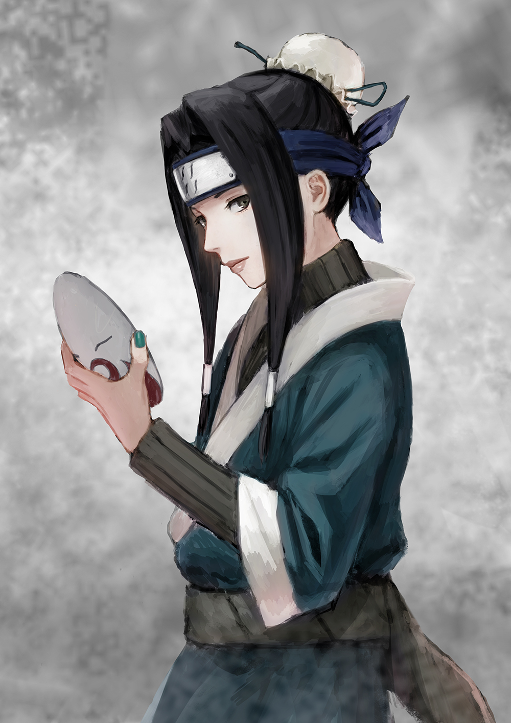 1boy, bangs, black_hair, commentary_request, forehead_protector, from_side, gradient, gradient_background