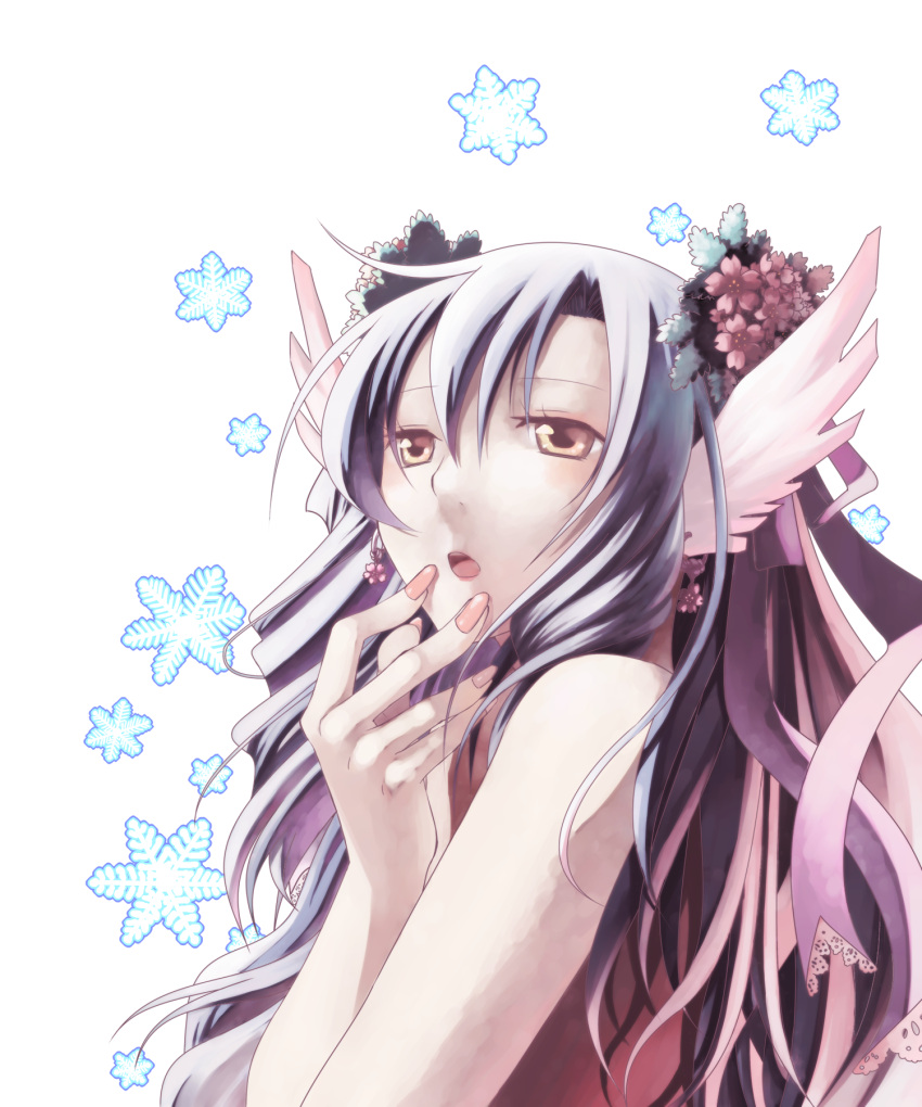 1girl, azpainter_(medium), bangs, blush, brown_eyes, commentary_request, flower, hair_between_eyes