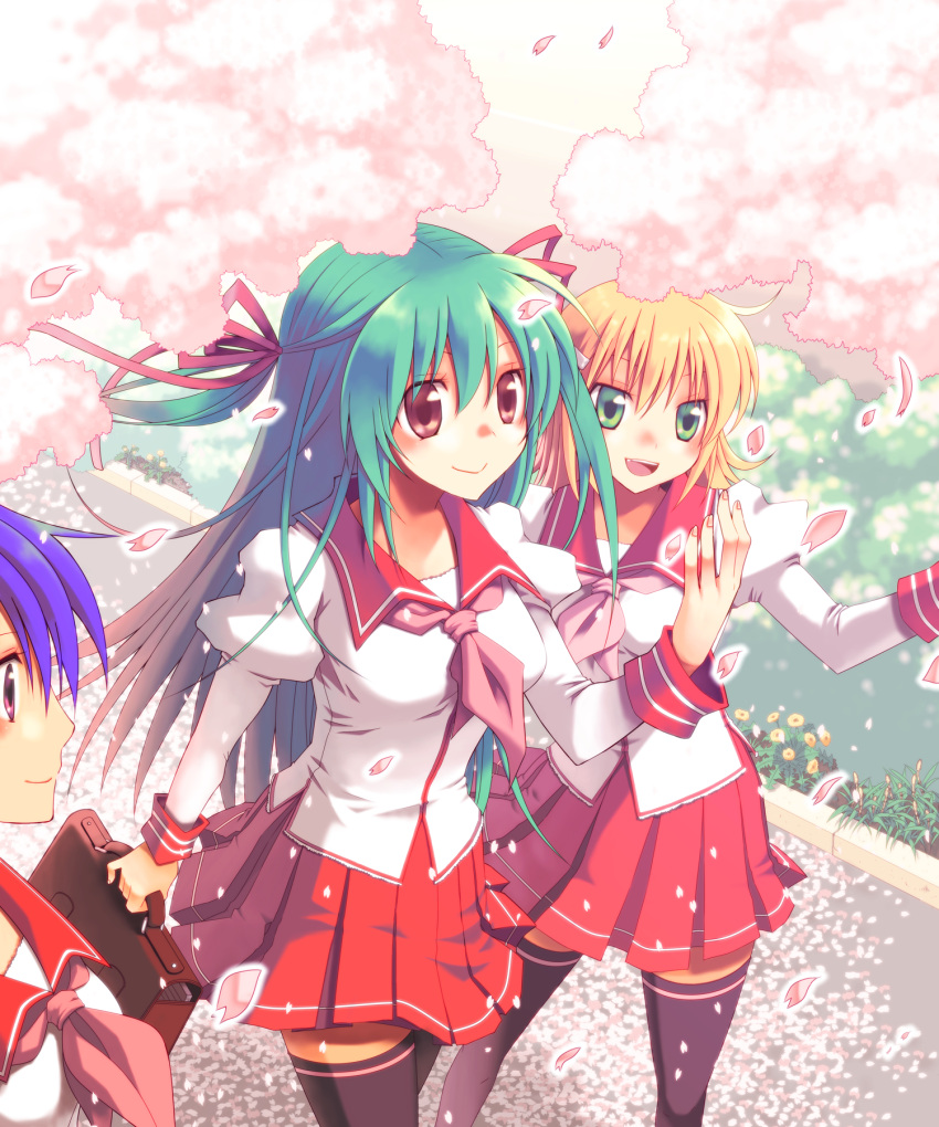 3girls, azpainter_(medium), bangs, black_legwear, blonde_hair, blush, breasts, brown_eyes