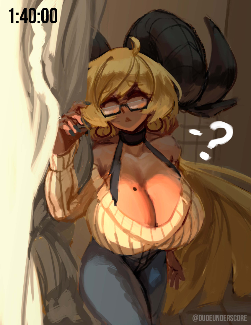 1girl, ?, absurdres, ahoge, black-framed_eyewear, black_bra, black_choker, black_horns, black_nails, blonde_hair, blue_pants, bra, bra_strap, breasts, caoimhe_(zana), choker, completion_time, curled_horns, dark-skinned_female, dark_skin, denim, dudeunderscore, earrings, english_commentary, glasses, goat_horns, highres, hoop_earrings, horns, huge_breasts, jeans, jewelry, long_hair, mature_female, mole, mole_on_breast, mole_under_eye, multiple_moles, off-shoulder_sweater, off_shoulder, original, pants, plunging_neckline, ribbed_sweater, semi-rimless_eyewear, shortstack, solo, sweater, under-rim_eyewear, underwear, very_long_hair